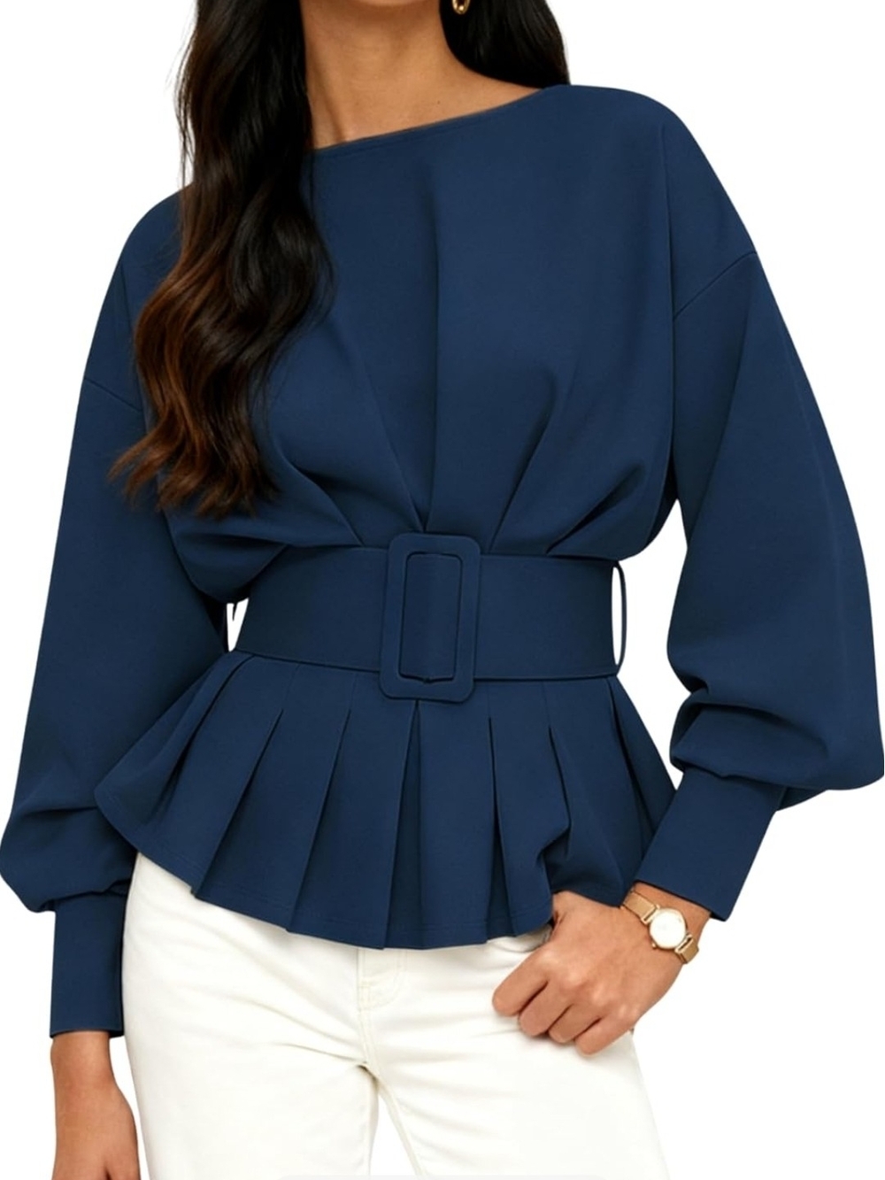 Women's Navy Pleated Peplum Top with Belt